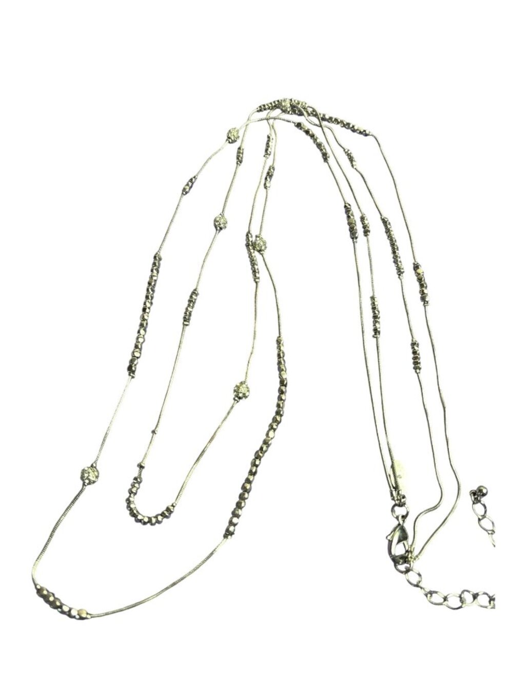 Chico's Silvertone 2 Strand Necklace Beaded Clear Rhinestones 39 inches 41 inch